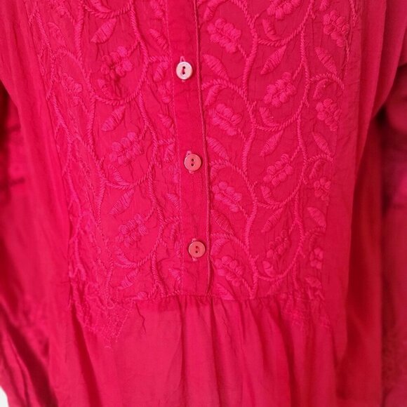 Johnny Was Red Embroidered Button-Front Long Sleeve Tunic Blouse Size S - Picture 7 of 12